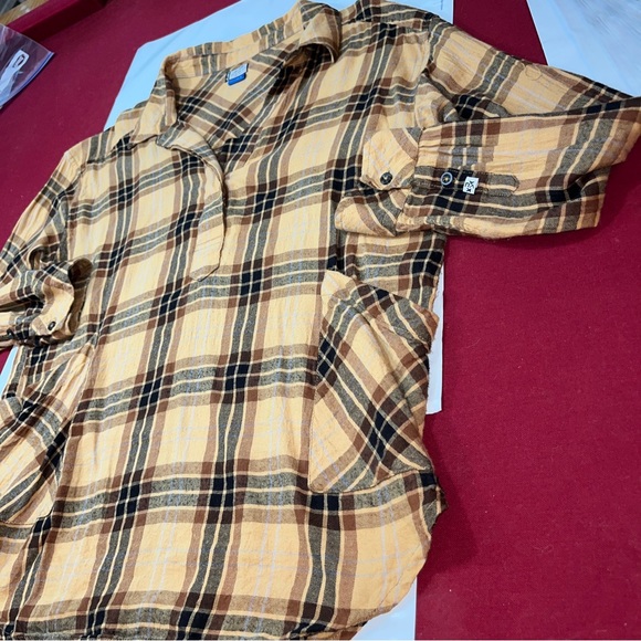 KAVU brown Tan Plaid 1/2 Button Flannel Shirt Big Front Pockets Tunic Cotton Med - Picture 13 of 13